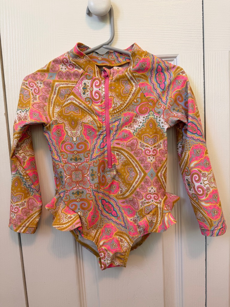 Kids Long Sleeve One-Piece Rash Guard Swimsuit In Pink & Mustard Paisley